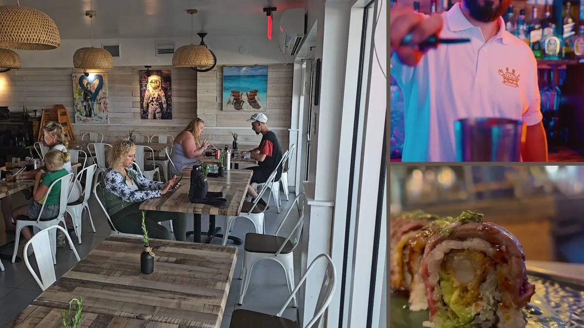 Outdoor tables beside the boardwalk.