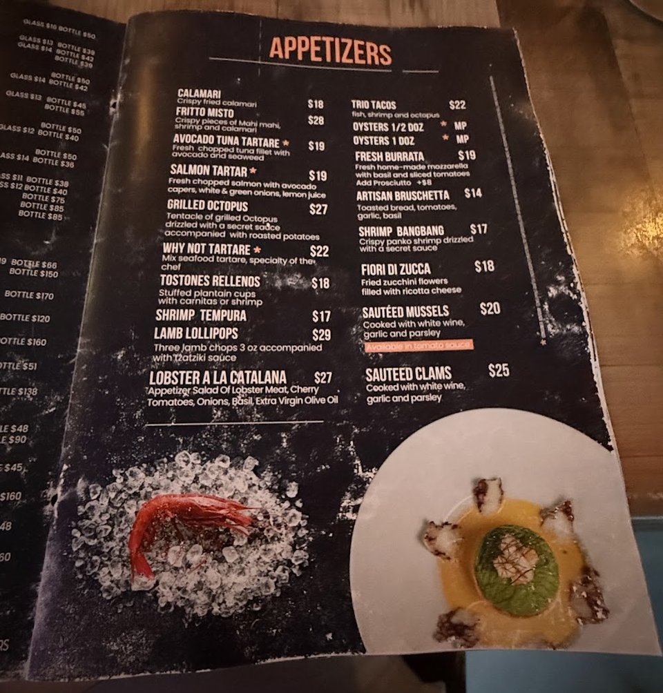 Printed menu showing pasta, steak, and sushi.