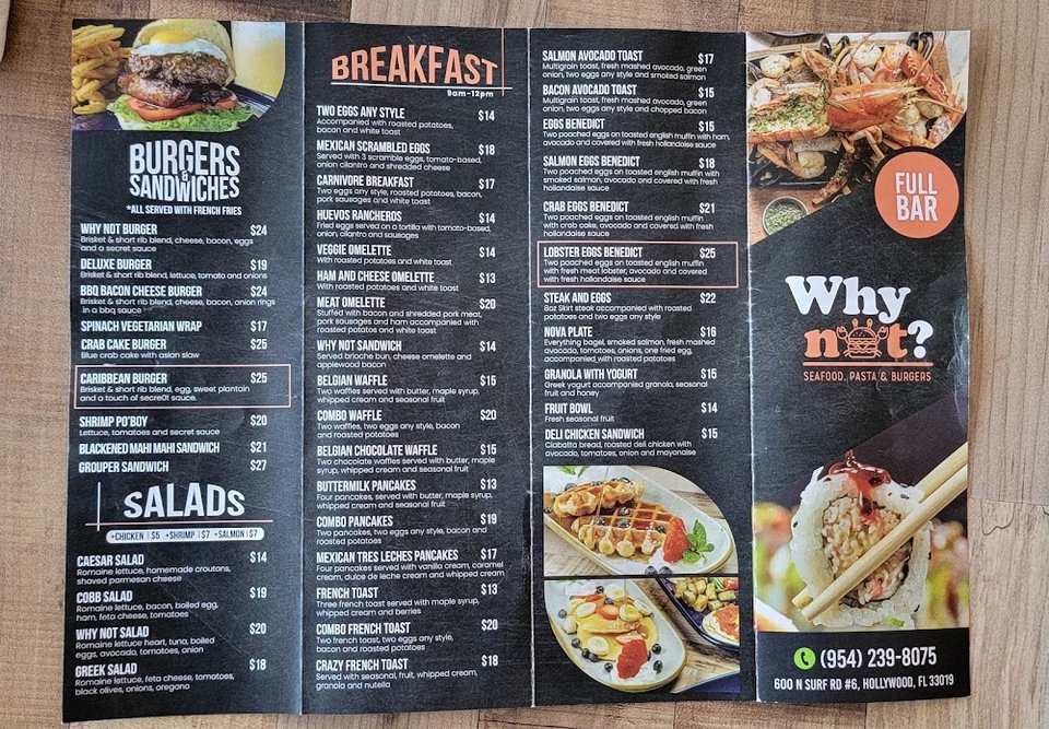 Restaurant menu with lunch and dinner selections.